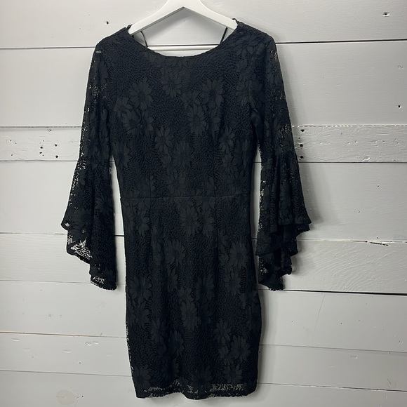 Lulus Allure Em In Black Lace Flounce Sleeve Dress Size Medium - Picture 3 of 7